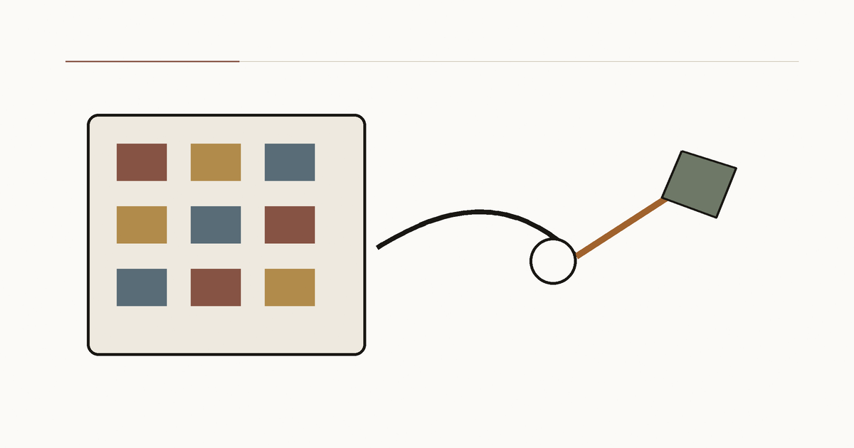 A tiled feed panel pulls at a hand while a copper line leads toward a real-world book.