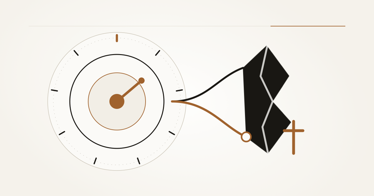 A copper compass holding its course between a forward path and a deliberate stop.