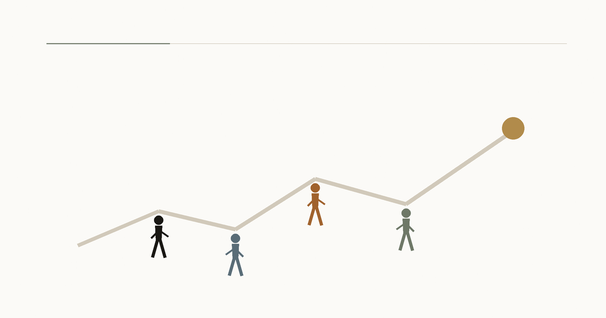 Four men move along the same uneven path toward a shared destination.