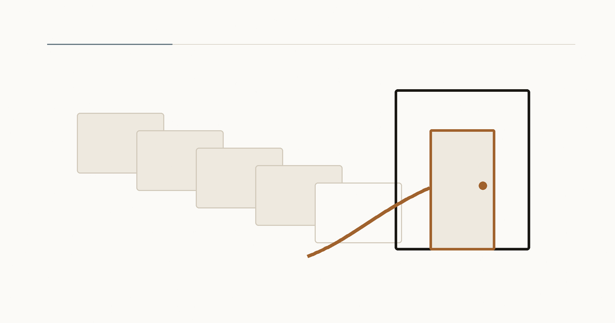 Fading calendar pages give way to a copper path through an open door.