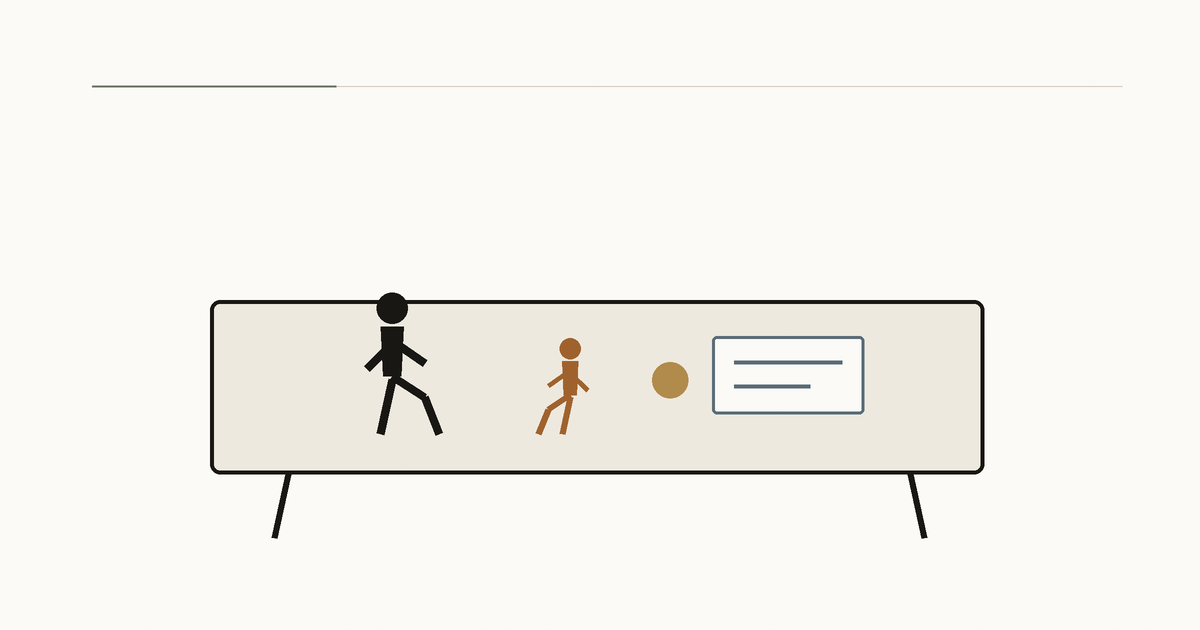 A father and child sit together at a household table beside a simple visible ledger.