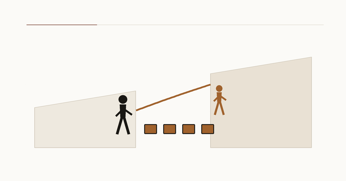 A son crosses a series of blocks toward a new shore while his father stands behind him.