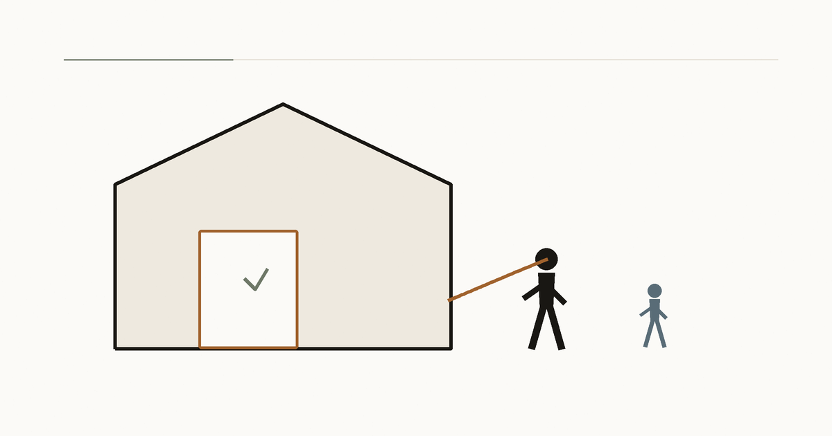 A reachable father stands outside the family home while a child moves independently nearby.