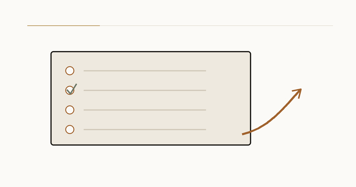 An open weekly checklist shows one repaired item and a copper arrow toward the next action.