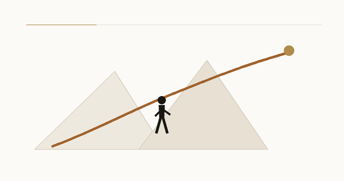 A lone man steps onto a copper path rising through two mountain ridges toward a distant marker.